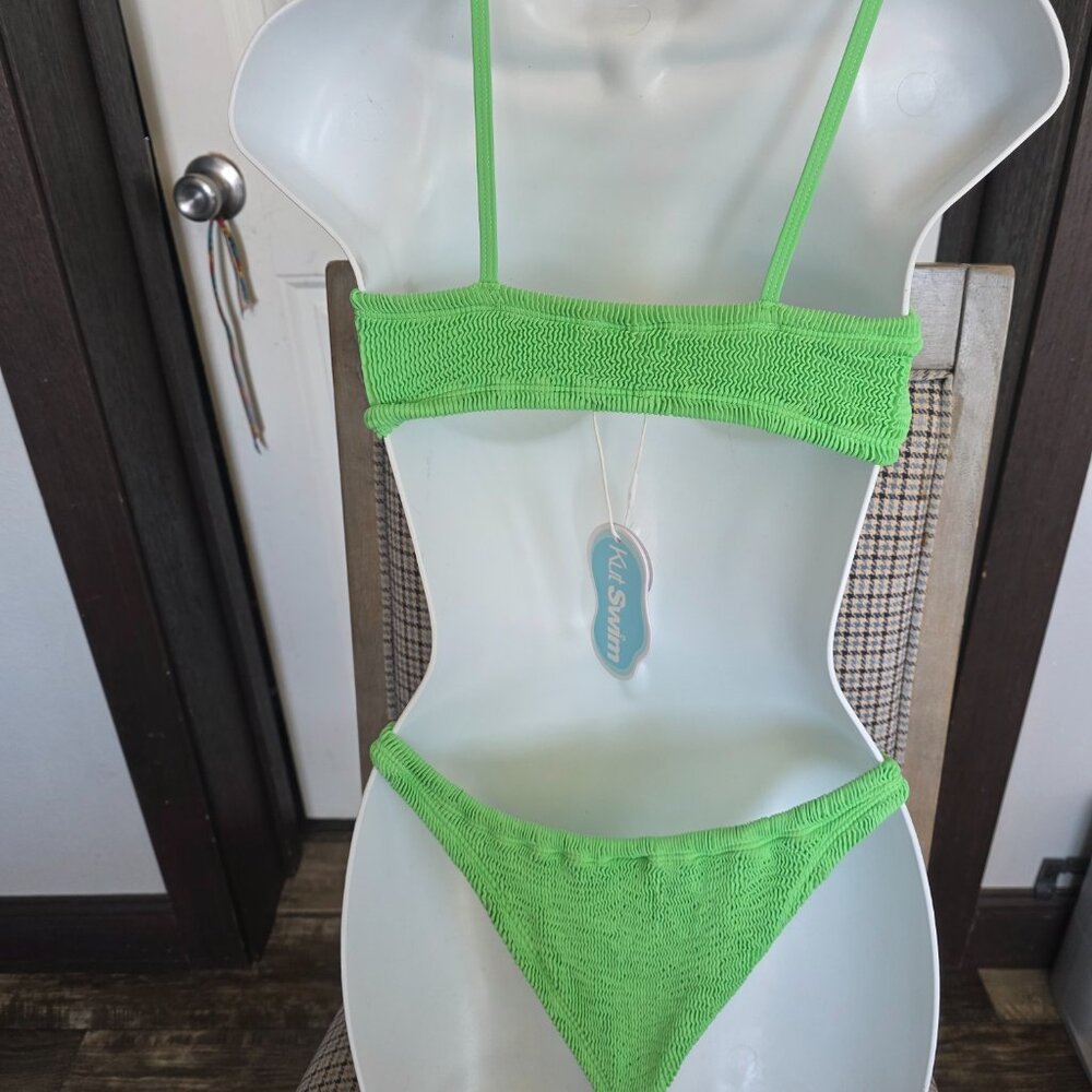 KUT SWIM Crinkle Bikini Set NEW with Tags Bright Green Womens Small - Picture 2 of 5